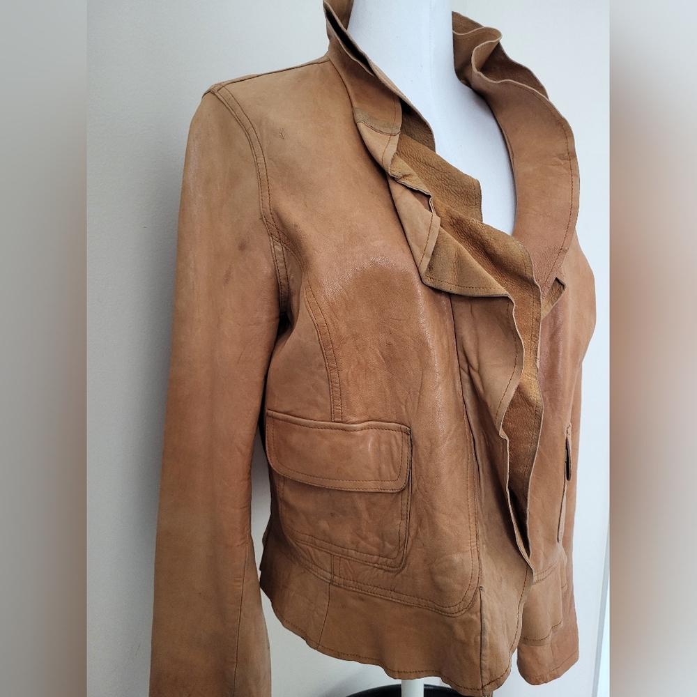 Women's Tan Ruffle Leather Jacket - Picture 4 of 14